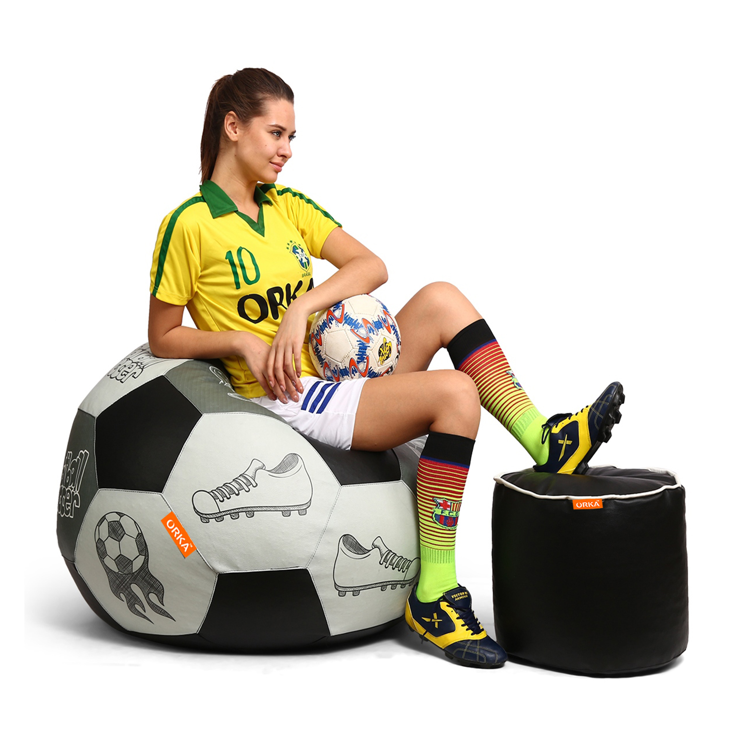 Orka Digital Printed XXXL Foorball With Mathching Footstool Filled Bean Bag With Beans (FB48 Multicolor)